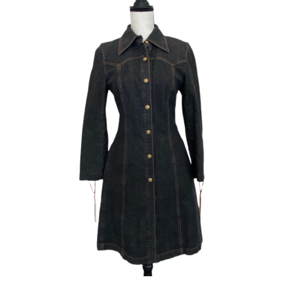 Escada Black Denim Coat Dress with Gold Buttons and Leather Accents